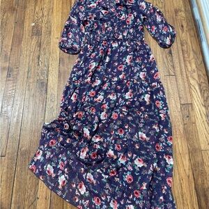 Floral Long Sleeve Maxi Dress in Dark Purple